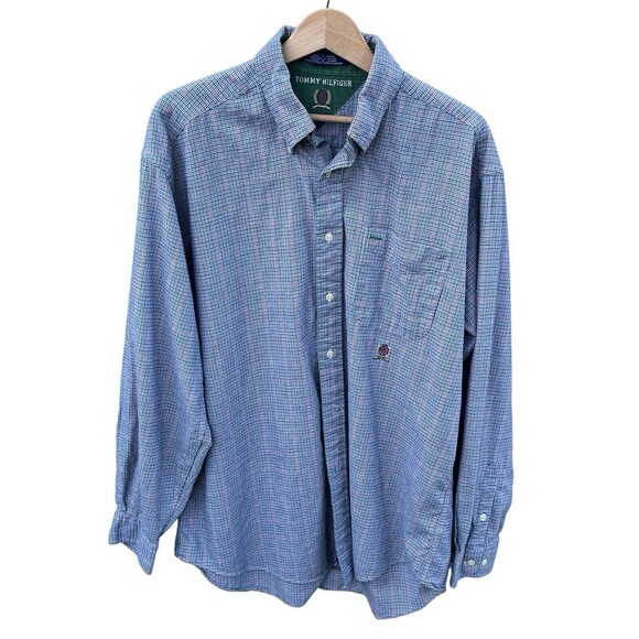 Tommy Hilfiger Men’s Flannel Button Down Shirt Crest Logo Micro Plaid Vtg Large - Picture 1 of 7
